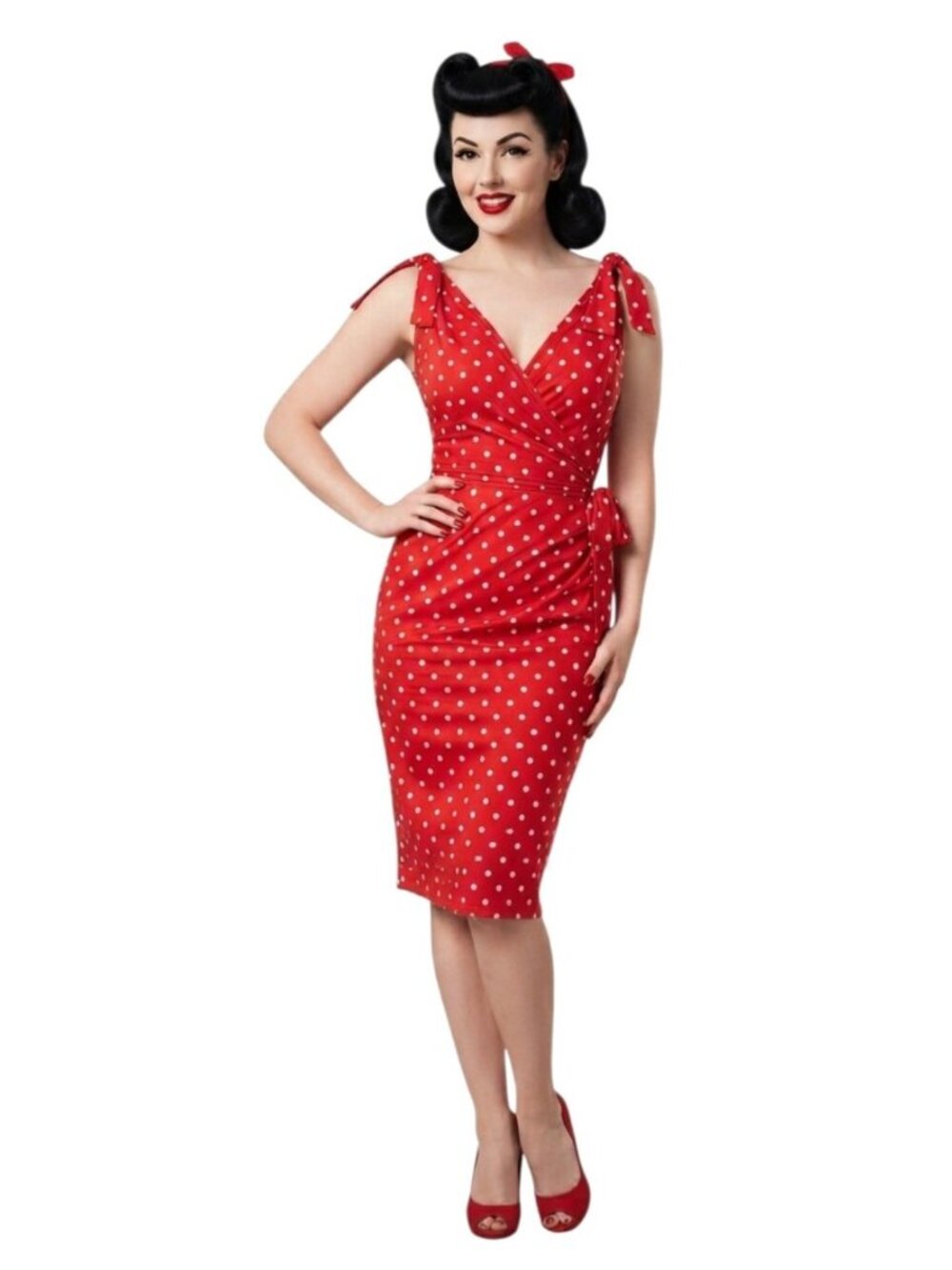 Stop Staring Cherry Red Polka Dot Pin-Up Retro Pinup Wiggle Pencil Dress - Sz S